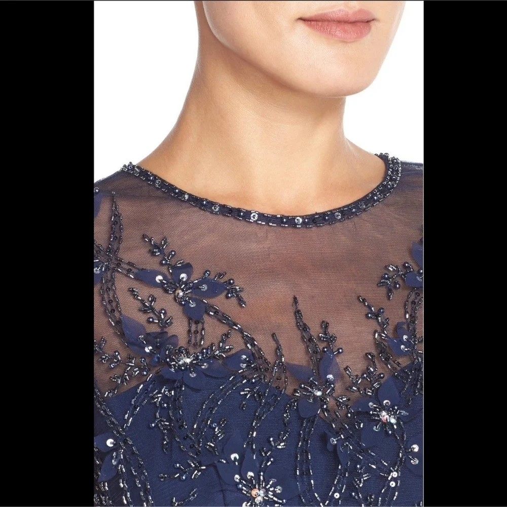 NWT JS Collections [ 0 or 2 ] Embellished Mesh & Chiffon‎ Gown in Navy Blue